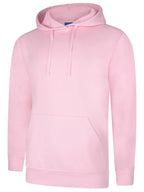 Light pink pullover hoodie with long sleeves, a drawstring hood, and a front kangaroo pocket in a relaxed fit.