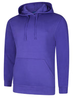 Royal purple long-sleeve hooded sweatshirt with a front kangaroo pocket, drawstring hood, and ribbed cuffs and hem.