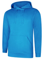 Bright blue pullover hoodie with long sleeves, matching drawstring hood, and front kangaroo pocket. Regular fit.