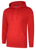 Red long-sleeve hooded sweatshirt with a front kangaroo pocket, drawstring hood, and ribbed cuffs and hem. Regular fit.