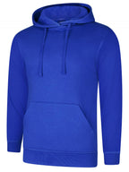 Royal blue long-sleeve hooded sweatshirt with front kangaroo pocket, drawstring hood, and ribbed cuffs. Regular fit.