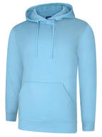 Light blue pullover hoodie with long sleeves, matching drawstring hood, and front kangaroo pocket. Regular fit.