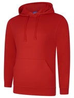 Bright red long-sleeve hooded sweatshirt with a front kangaroo pocket, drawstring hood, and ribbed cuffs and hem.