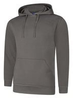 Charcoal gray pullover hoodie in a standard fit, featuring a drawstring hood, long sleeves, and a front kangaroo pocket.