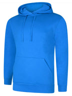 Bright blue pullover hoodie with drawstring hood, long sleeves, ribbed cuffs, and front kangaroo pocket. Regular fit.