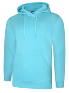 Light blue pullover hoodie with long sleeves, matching drawstring hood, and a front kangaroo pocket, relaxed fit.