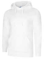 Solid white long-sleeve hoodie with a front kangaroo pocket, drawstring hood, and ribbed cuffs. Regular fit.