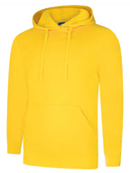 Bright yellow long-sleeve hoodie with a front kangaroo pocket, drawstring hood, and a regular fit.