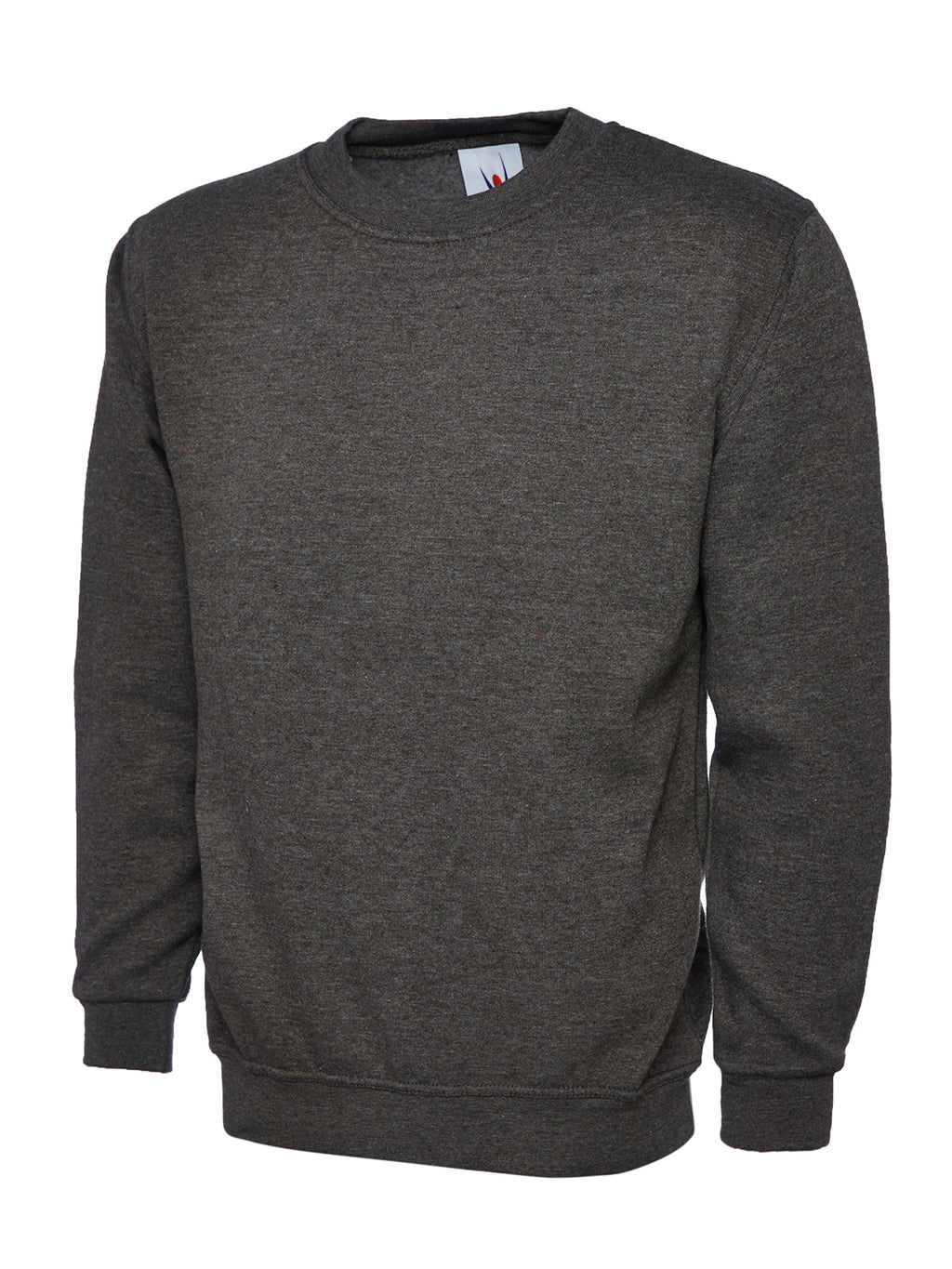 Charcoal grey crewneck sweatshirt with long sleeves, ribbed cuffs and hem, and a regular, comfortable fit.