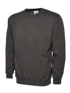 Charcoal grey crewneck sweatshirt with long sleeves, ribbed cuffs and hem, and a regular, comfortable fit.