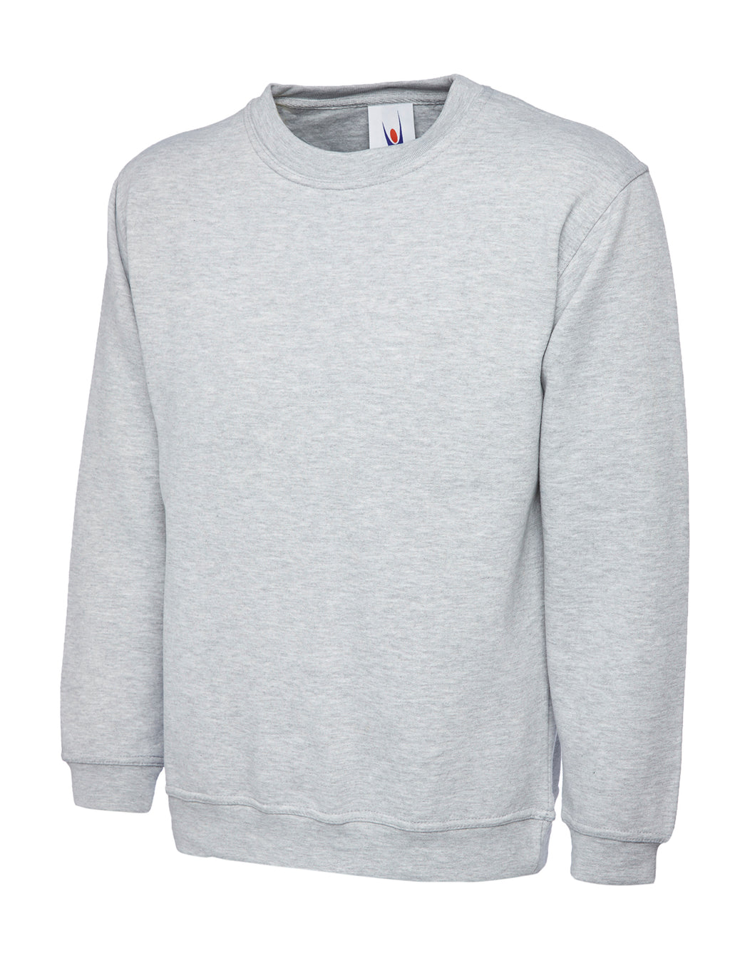 Heather grey long-sleeve crewneck sweatshirt with ribbed cuffs and hem in a relaxed, classic fit.