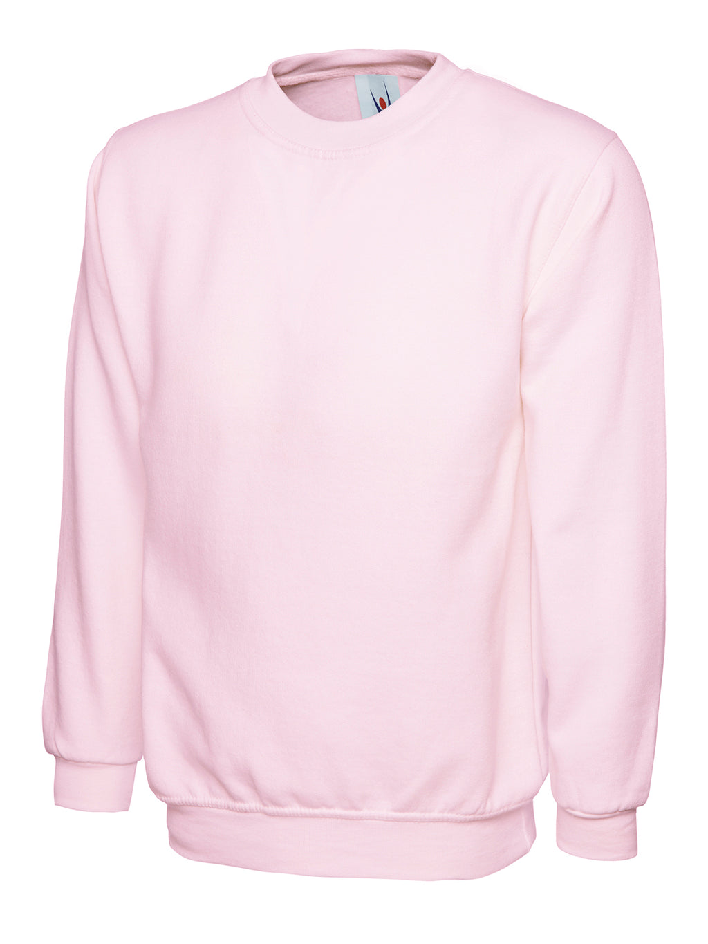 Light pink crewneck sweatshirt with long sleeves, ribbed cuffs, and hem in a relaxed, unisex fit.
