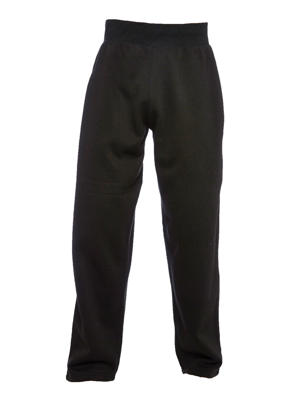 Black fleece sweatpants with an elastic waistband and a relaxed, straight-leg fit.