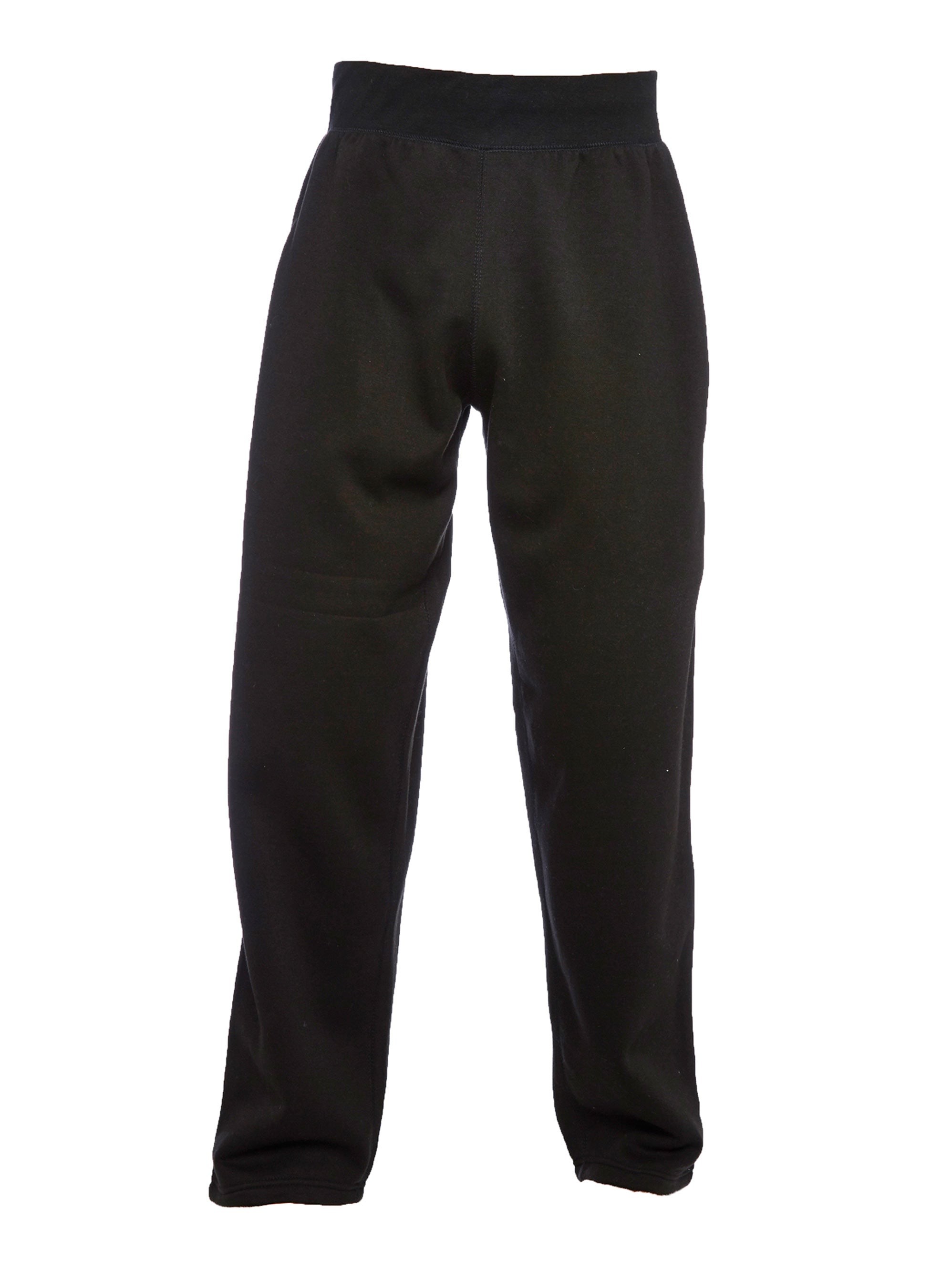 Black fleece sweatpants with an elastic waistband and a relaxed, straight-leg fit.