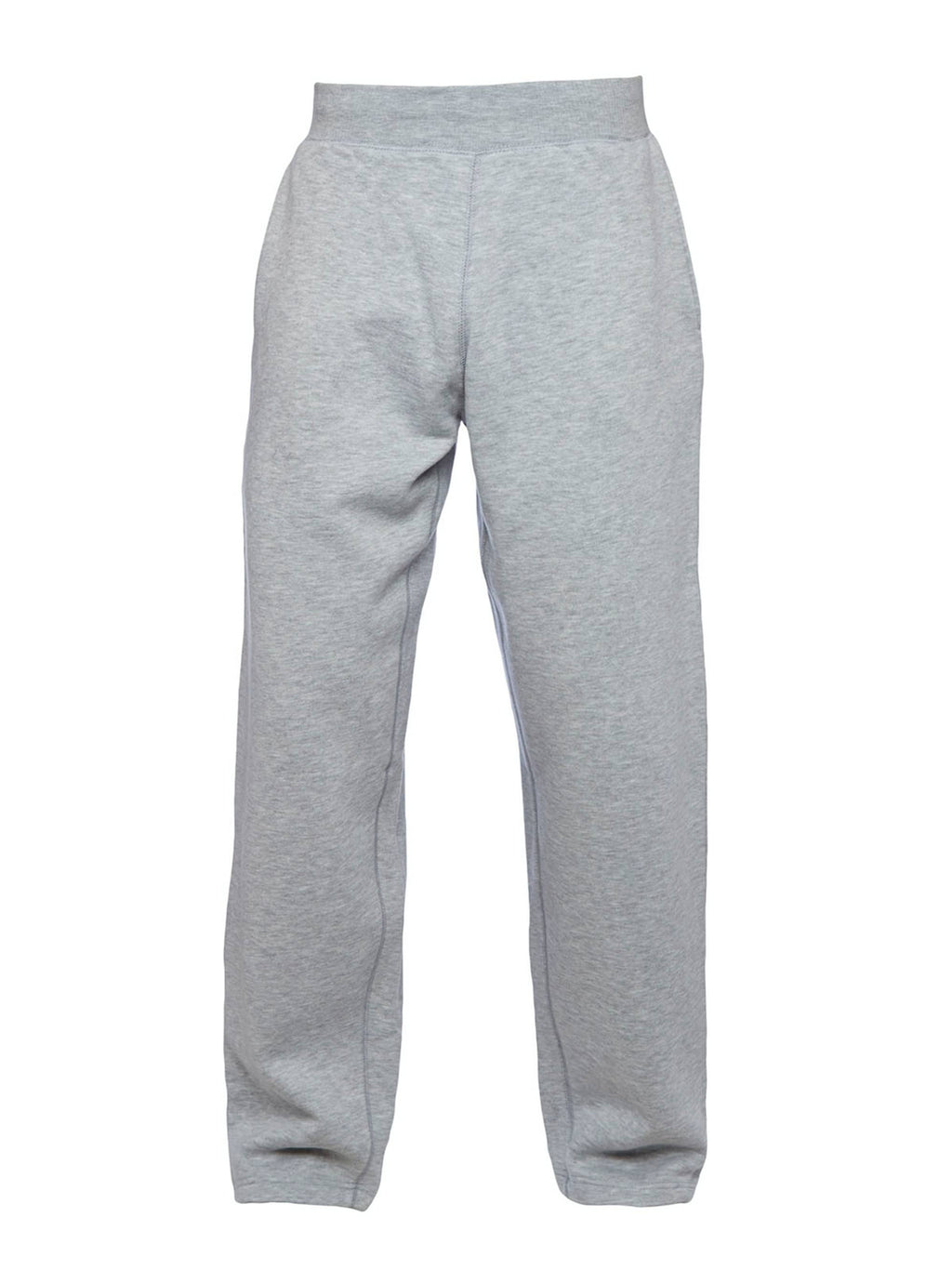 Light gray sweatpants with an elastic waistband, straight-leg fit, and side pockets against a white background.
