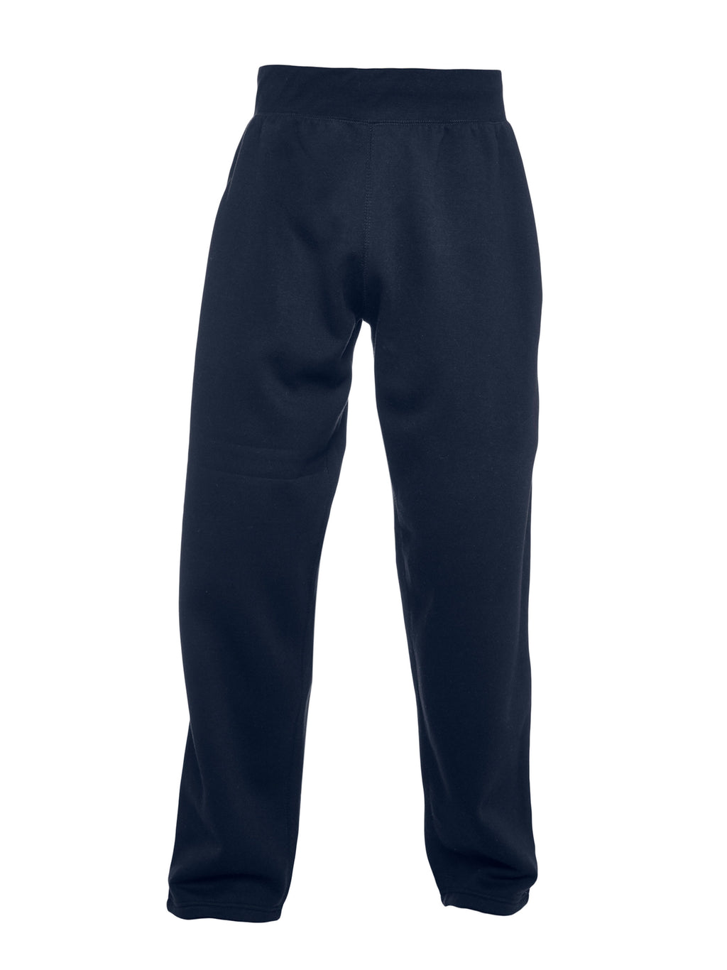 Navy blue fleece sweatpants with a wide elastic waistband and a relaxed, straight-leg fit.