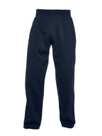 Navy blue fleece sweatpants with a wide elastic waistband and a relaxed, straight-leg fit.