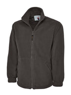 Charcoal grey fleece jacket with a high collar, full-front zip closure, and elasticized cuffs in a relaxed fit.