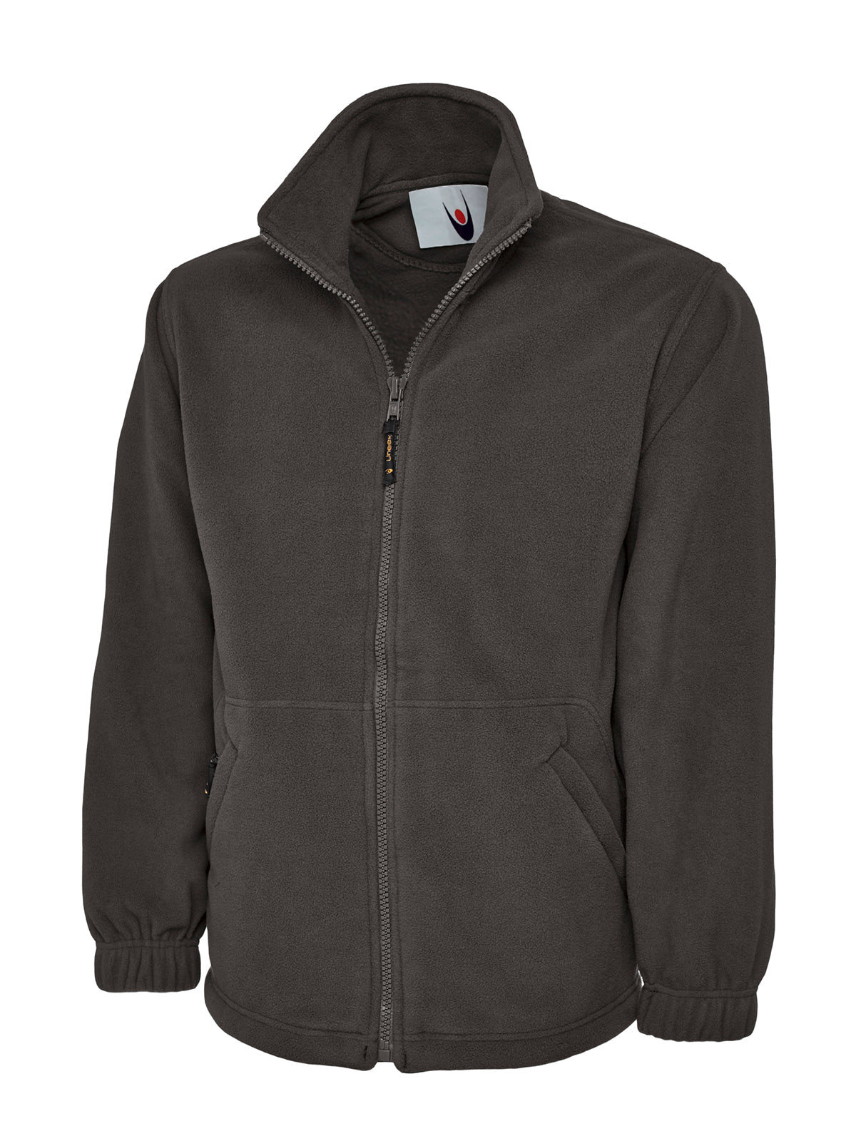 Charcoal grey fleece jacket with a high collar, full-front zip closure, and elasticized cuffs in a relaxed fit.