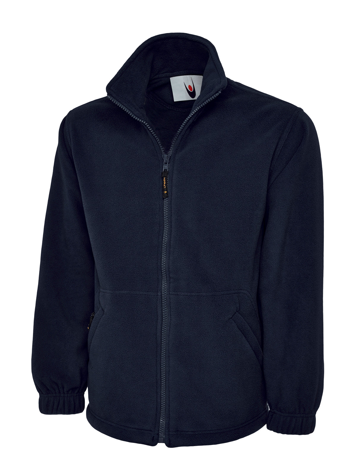 Navy blue full-zip fleece jacket with a mock neck, side pockets, and elasticized cuffs. Regular fit.