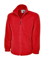 Bright red full-zip fleece jacket with a mock neck, long sleeves with elastic cuffs, and two front slit pockets.