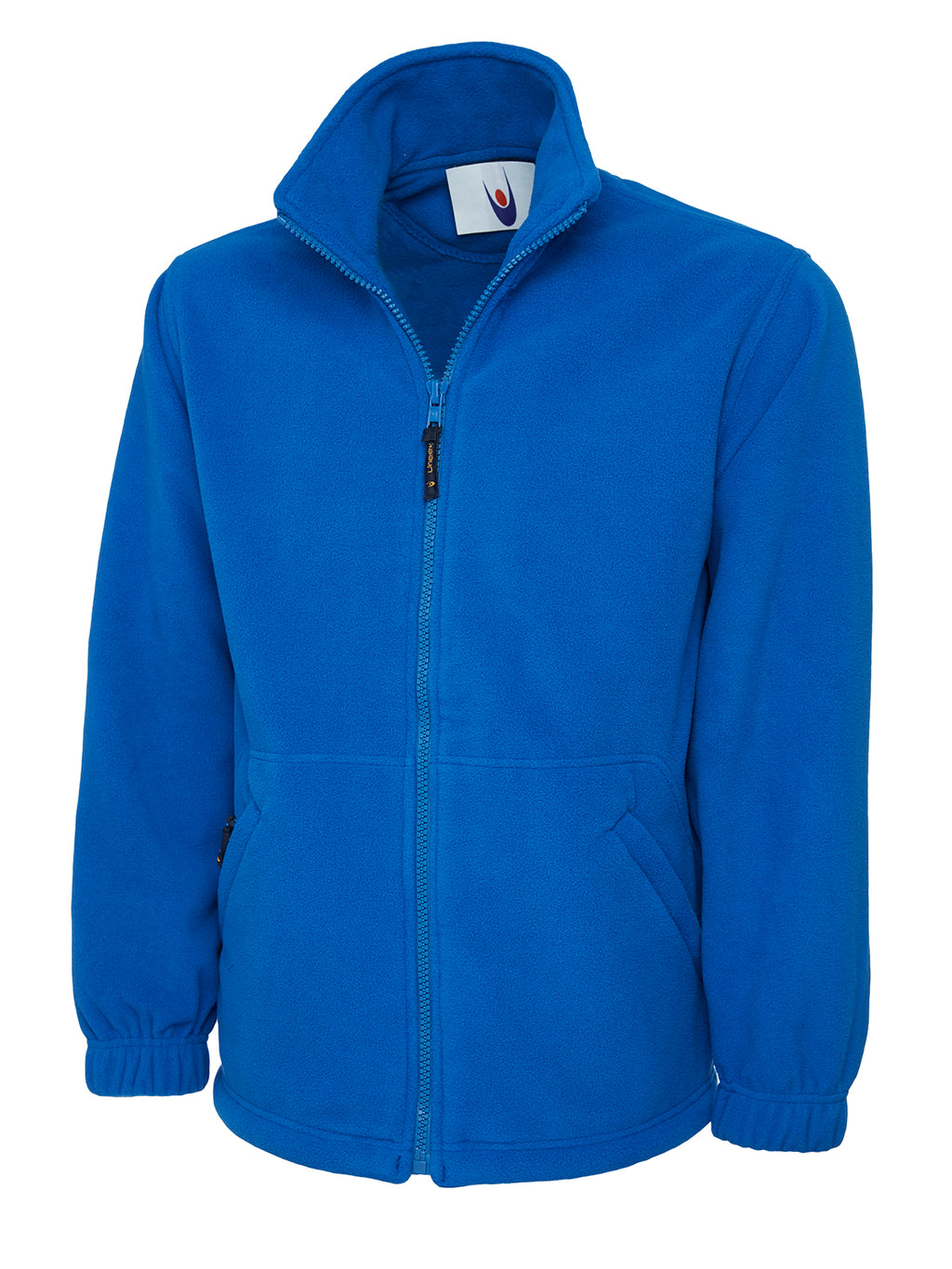 Bright blue fleece jacket with a full-length zip, high collar, two side pockets, and elasticated cuffs. Regular fit.