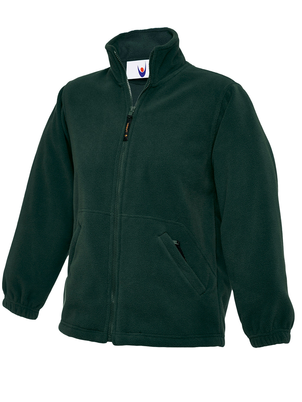 Dark green fleece zip-up jacket with a stand collar, elasticated cuffs, and two front zippered pockets. Regular fit.
