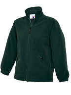 Dark green fleece zip-up jacket with a stand collar, elasticated cuffs, and two front zippered pockets. Regular fit.