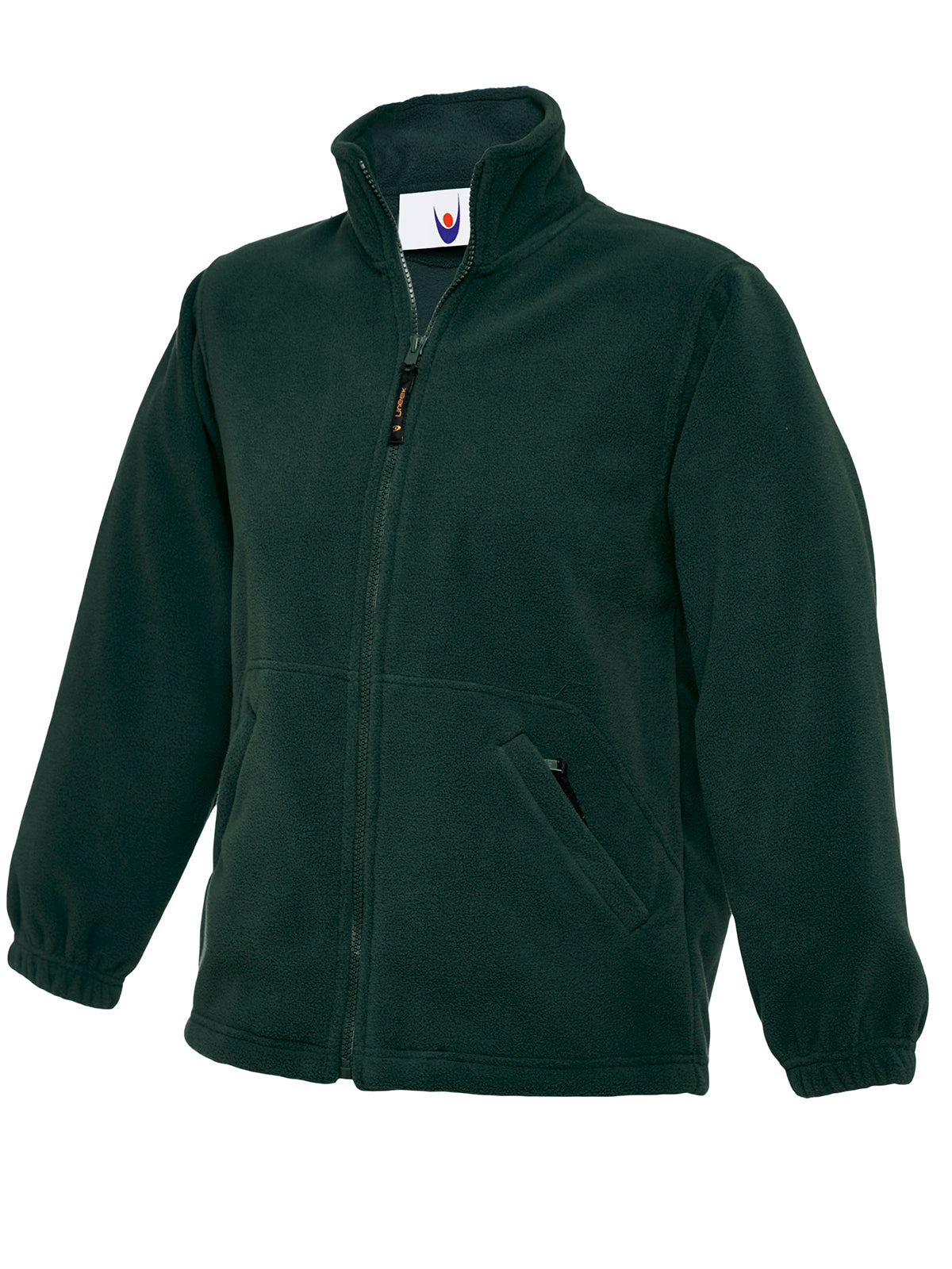 Dark green fleece zip-up jacket with a stand collar, elasticated cuffs, and two front zippered pockets. Regular fit.
