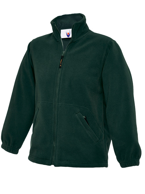 Dark green fleece zip-up jacket with a stand collar, elasticated cuffs, and two front zippered pockets. Regular fit.
