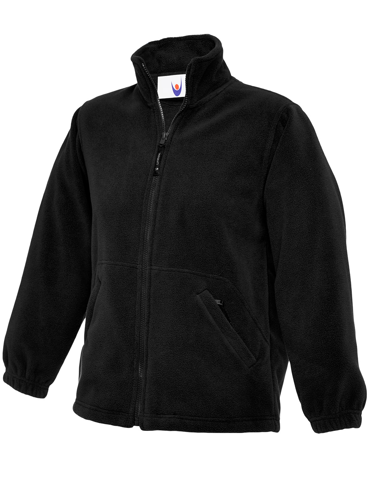 Black fleece jacket with full-zip front, high collar, elastic cuffs, and two zippered side pockets. Relaxed fit.