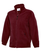 Maroon full-zip fleece jacket with a high collar, zip side pockets, and elasticated cuffs in a regular fit.