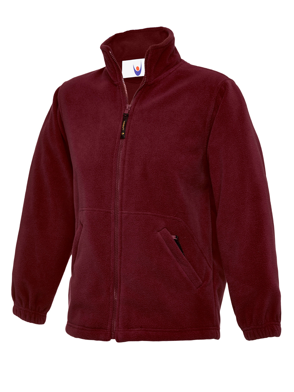 Maroon full-zip fleece jacket with a high collar, zip side pockets, and elasticated cuffs in a regular fit.