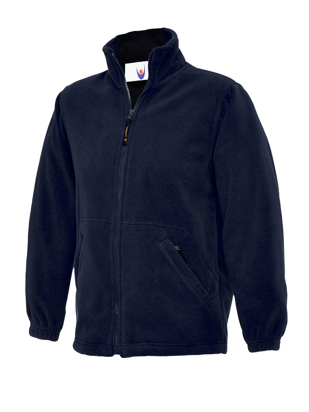 Navy blue zip-up fleece jacket with a high collar, long sleeves with elastic cuffs, and two side zip pockets.
