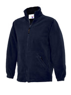 Navy blue zip-up fleece jacket with a high collar, long sleeves with elastic cuffs, and two side zip pockets.
