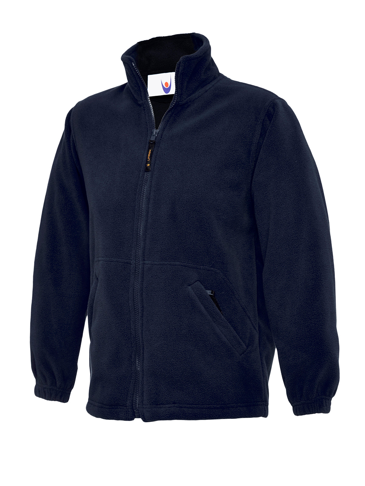 Navy blue zip-up fleece jacket with a high collar, long sleeves with elastic cuffs, and two side zip pockets.