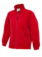 Red full-zip fleece jacket with a stand-up collar, side zip pockets, and elasticated cuffs in a regular fit.