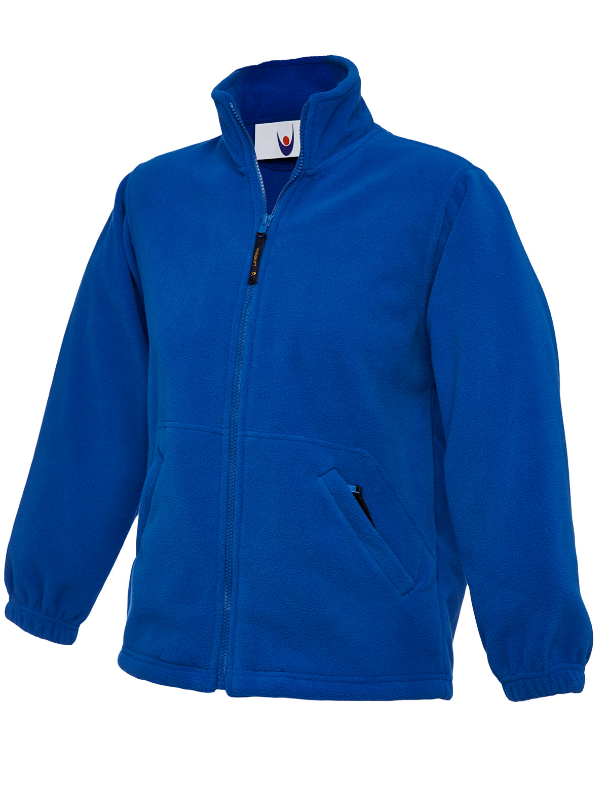 Royal blue fleece jacket with a mock neck, full-zip front, two zip pockets, and elasticized cuffs in a relaxed fit.