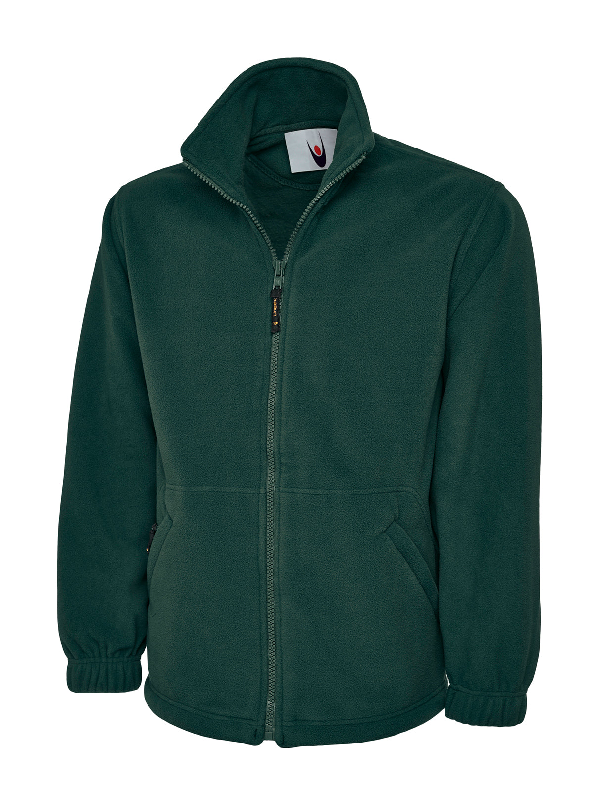 Dark green fleece jacket with full front zip, high collar, two side pockets, and elasticated cuffs. Relaxed fit.