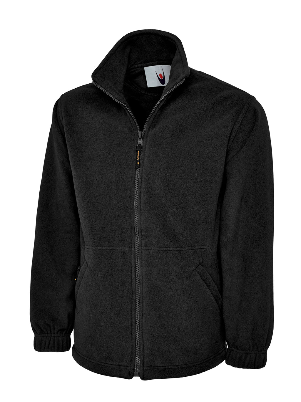 Black fleece jacket with a high neck, full front zip, side pockets, and elasticated cuffs in a regular fit.