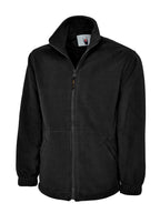 Black fleece jacket with a high neck, full front zip, side pockets, and elasticated cuffs in a regular fit.