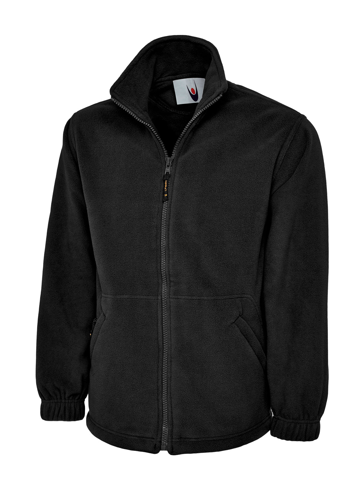 Black fleece jacket with a high neck, full front zip, side pockets, and elasticated cuffs in a regular fit.