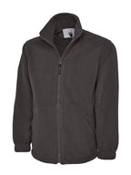 Charcoal gray full-zip fleece jacket with a high collar, side pockets, and elasticized cuffs. Standard, relaxed fit.