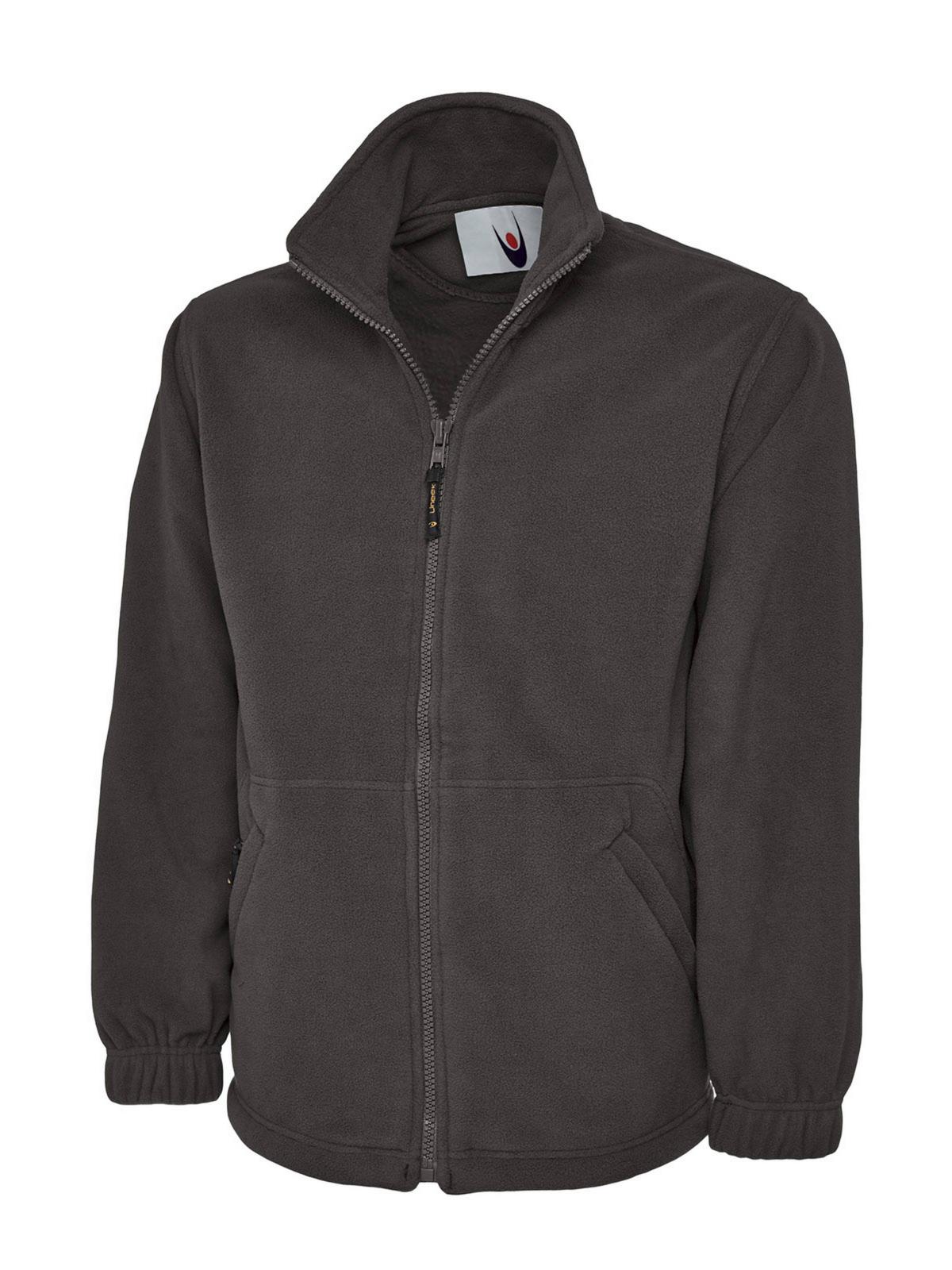 Charcoal gray full-zip fleece jacket with a high collar, side pockets, and elasticized cuffs. Standard, relaxed fit.