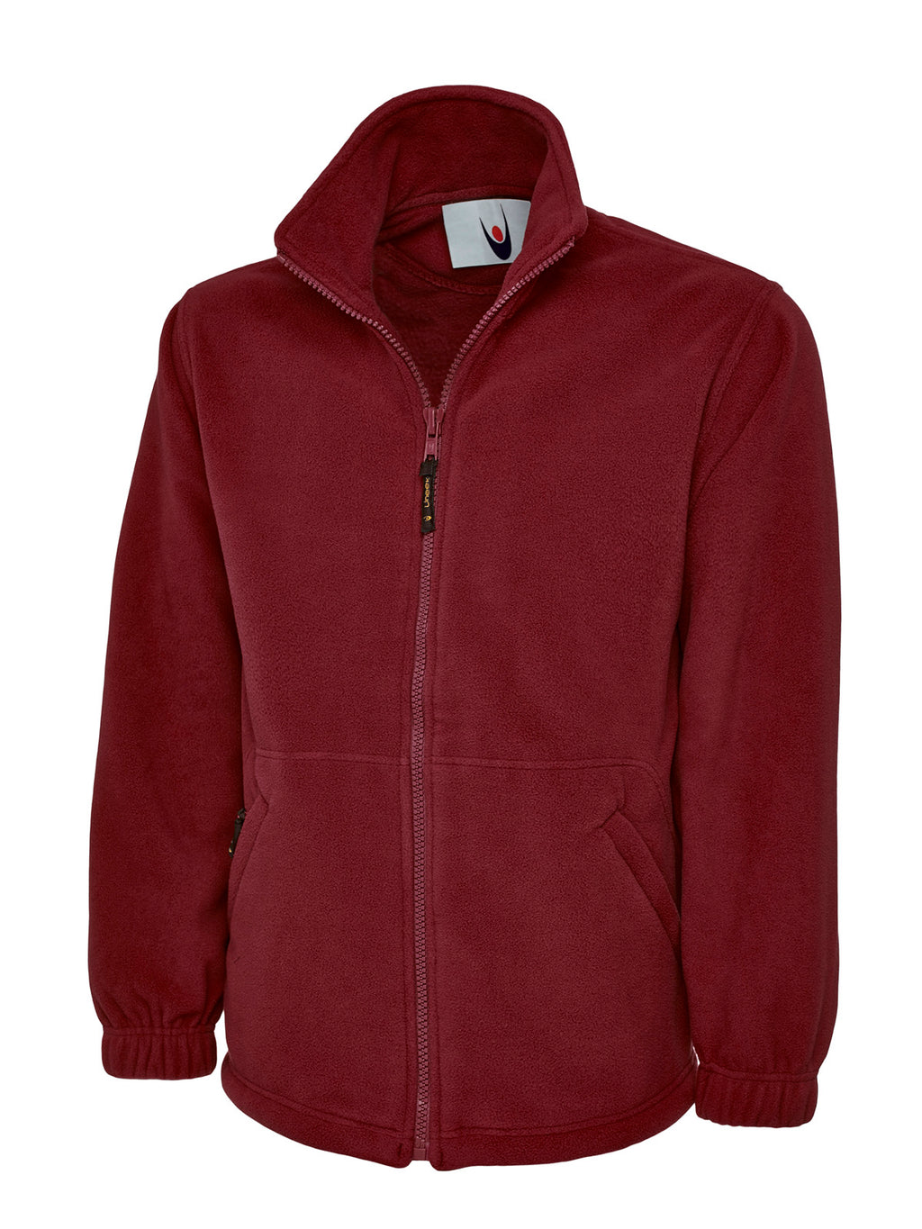 Maroon fleece jacket with a full front zipper, high collar, side pockets, and elasticized cuffs in a relaxed fit.
