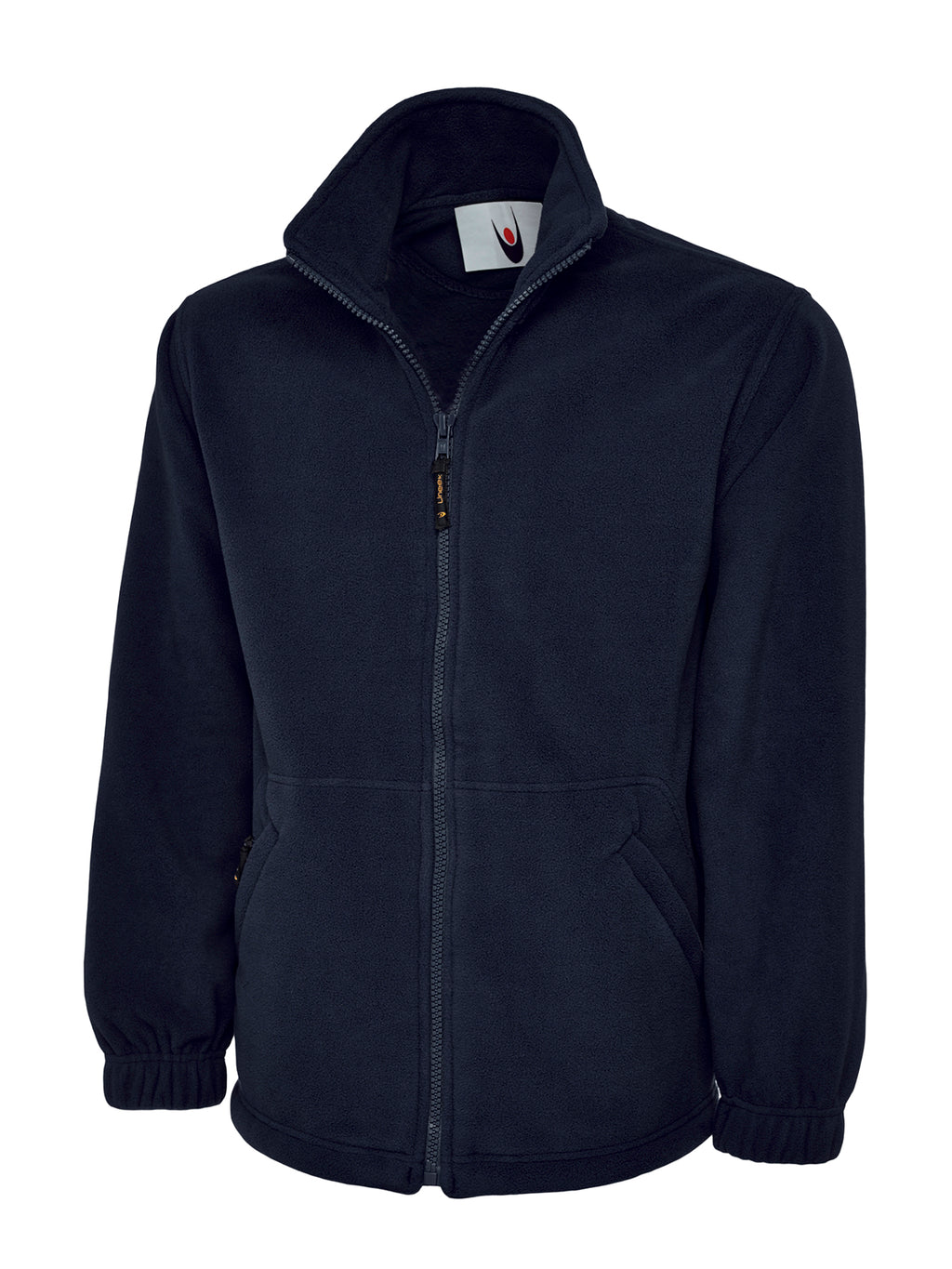 Navy blue fleece jacket with full-zip front, mock neck, side pockets, and elasticated cuffs in a relaxed fit.