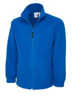 Royal blue fleece jacket with full front zip, mock neck, side pockets, and elasticated cuffs. Regular, relaxed fit.