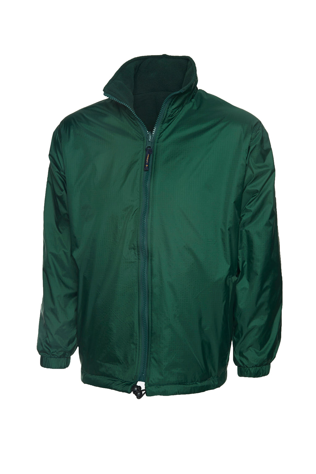 Dark green, full-zip fleece-lined windbreaker jacket with high collar, elastic cuffs, and drawstring hem. Standard fit.