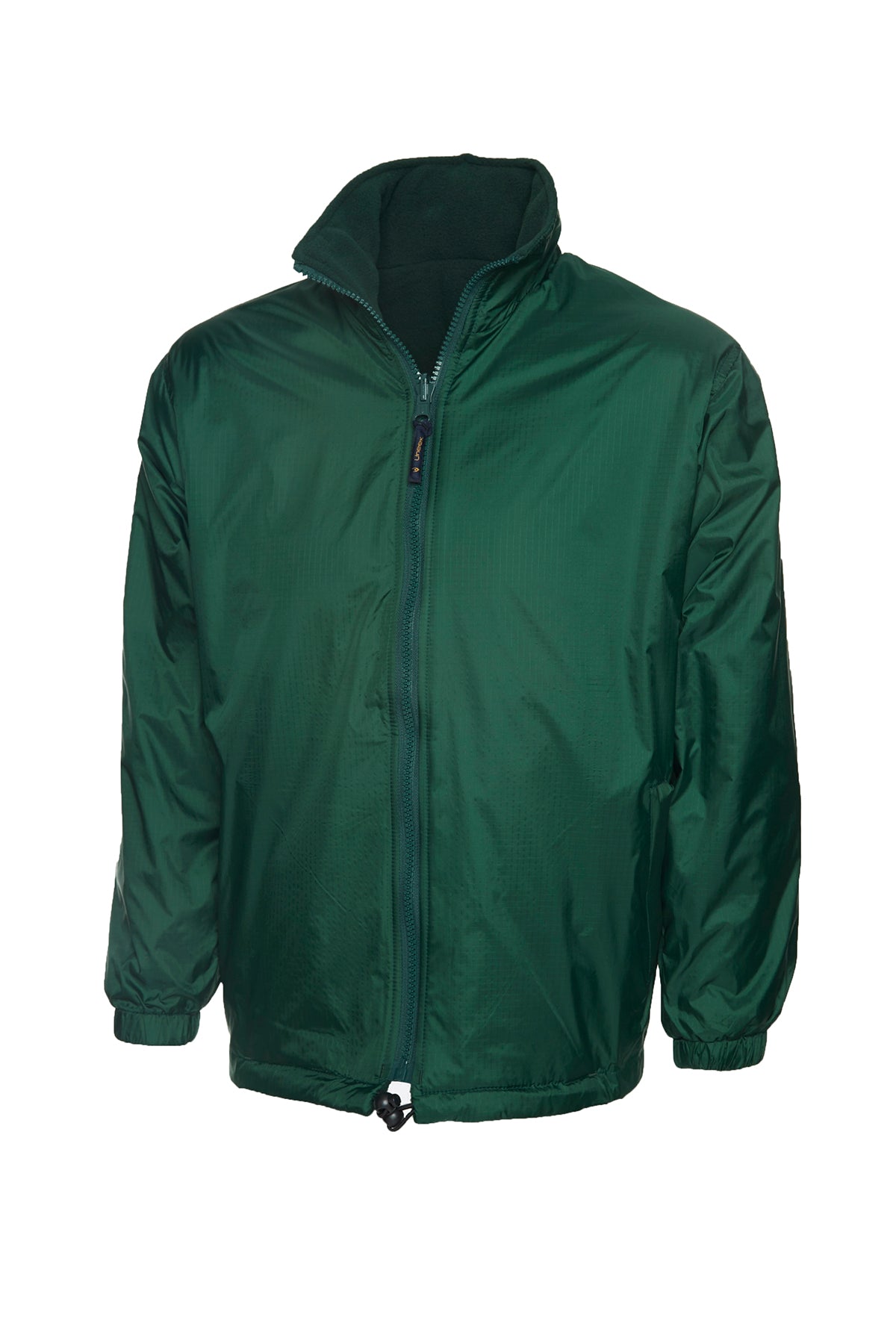 Dark green, full-zip fleece-lined windbreaker jacket with high collar, elastic cuffs, and drawstring hem. Standard fit.