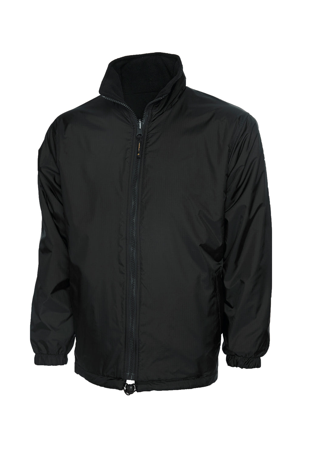 Black zip-up jacket with a stand-up collar, elastic cuffs, and drawstring hem in a regular, relaxed fit.